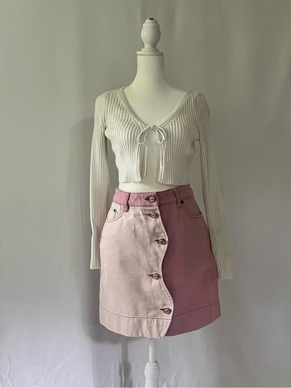 Ganni Two-Tone Organic Pink Button-Front Mini Skirt